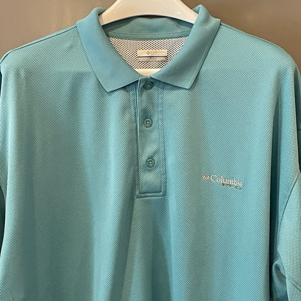 Columbia PFG Mens XXL Teal Blue Textured Short Sleeve Fishing Polo Shirt FM6016